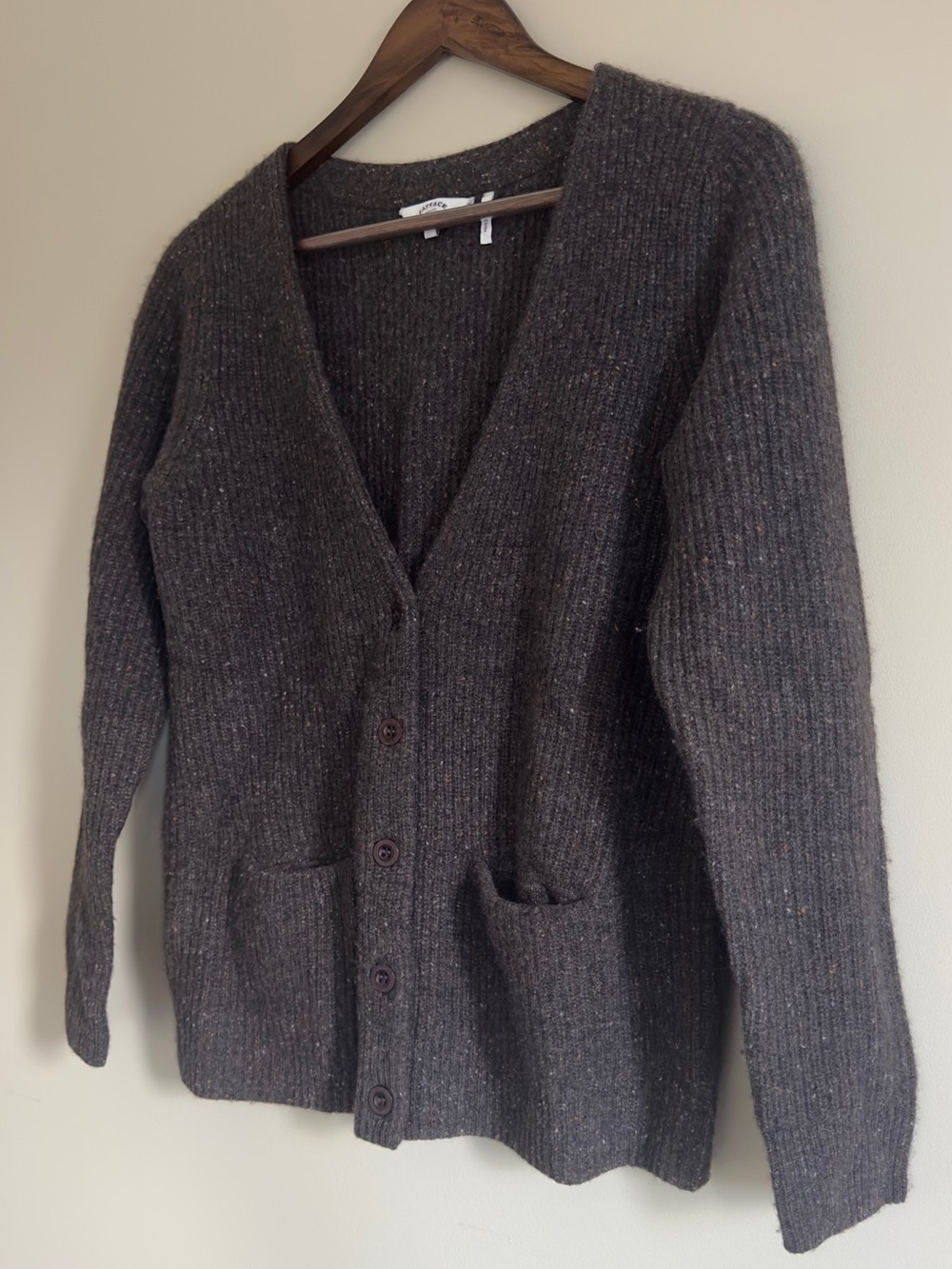 Fatface 100% Cashmere V-Neck Cardigan Ribbed Sweater in Chocolate Brown Tweed